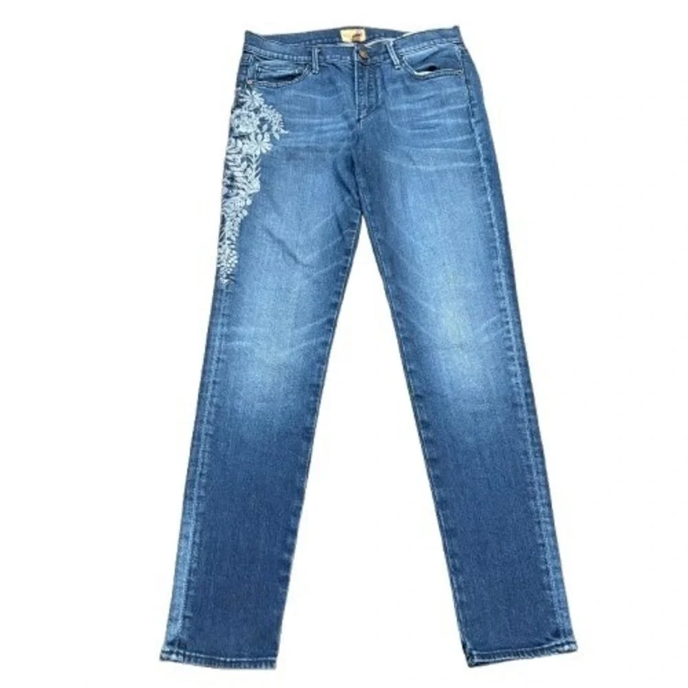 Driftwood Jackie Skinny Jeans Floral Embroidered Blue Cotton Blend Size 27‎